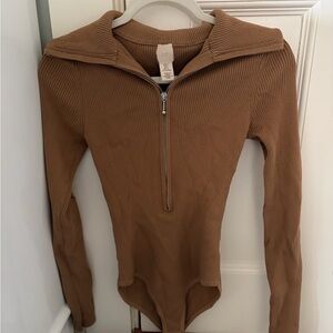 H&M Ribbed Half-Zip Long-Sleeve Bodysuit - Camel Brown